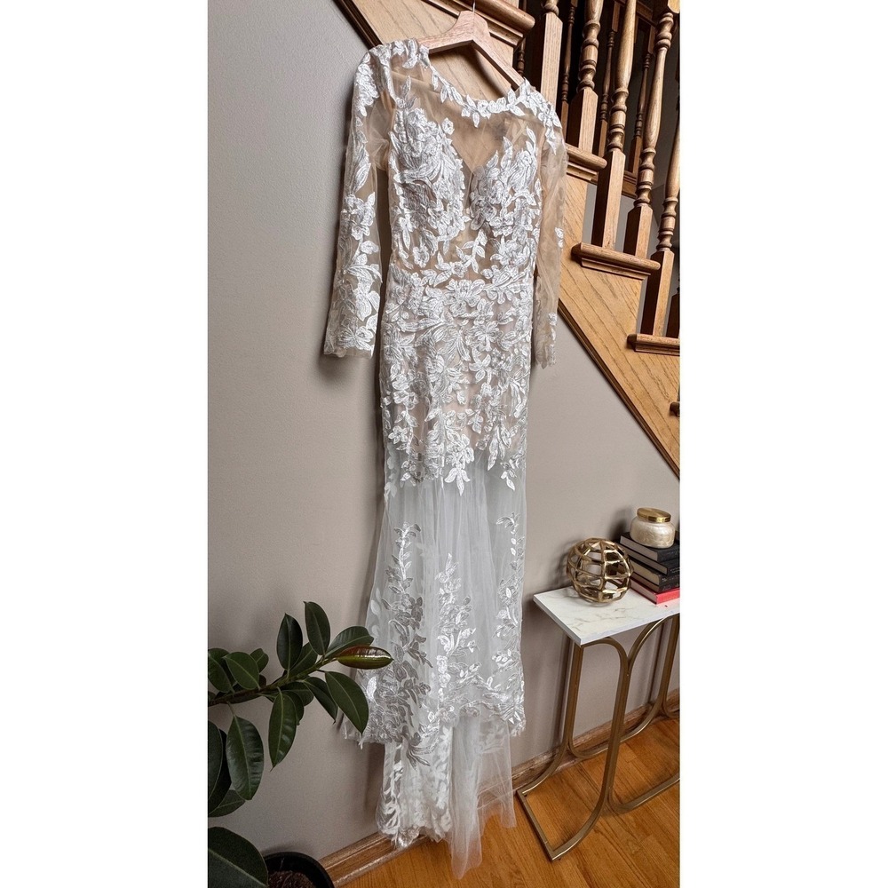 Wedding Bridal Gown White Dress XS/S Lace Floral Appliqué Sheer Long Sleeve - Picture 5 of 16
